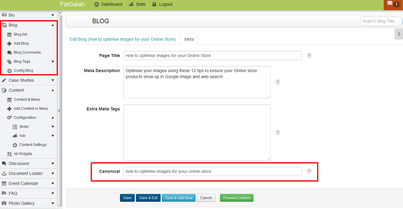 FatGalah website builder canonical tag field
